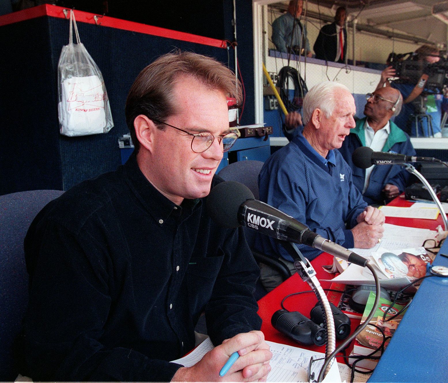 Joe Buck in KMOX broadcast booth with father